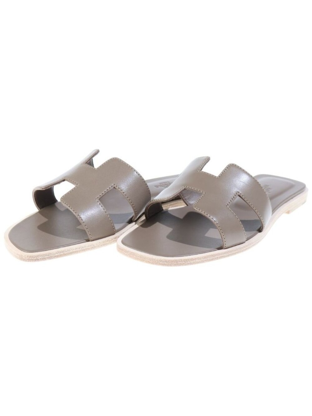 Hermes Oran H Logo Calfskin Flat Sandals Etoupe